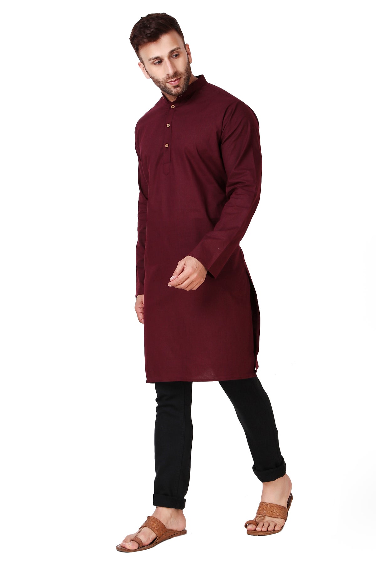 Men's brown cotton band collar knee-length kurta, side view.