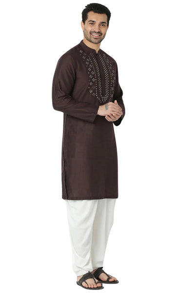 Men's brown embellished rayon knee-length kurta, alternate front view.