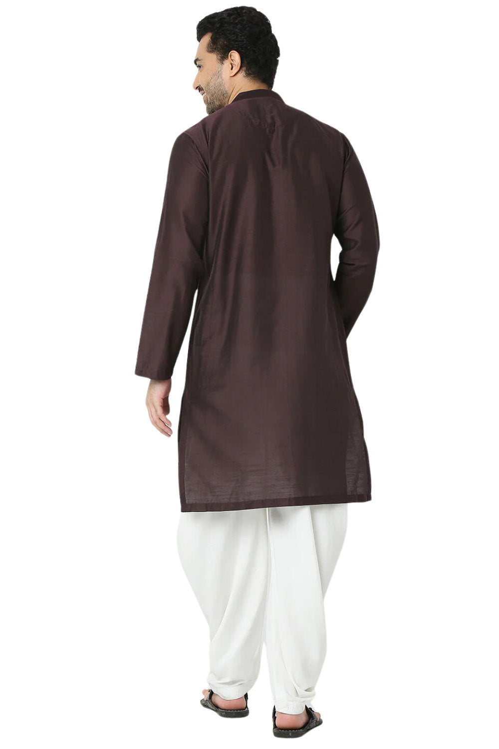 Men's brown embellished rayon knee-length kurta, alternate side view.