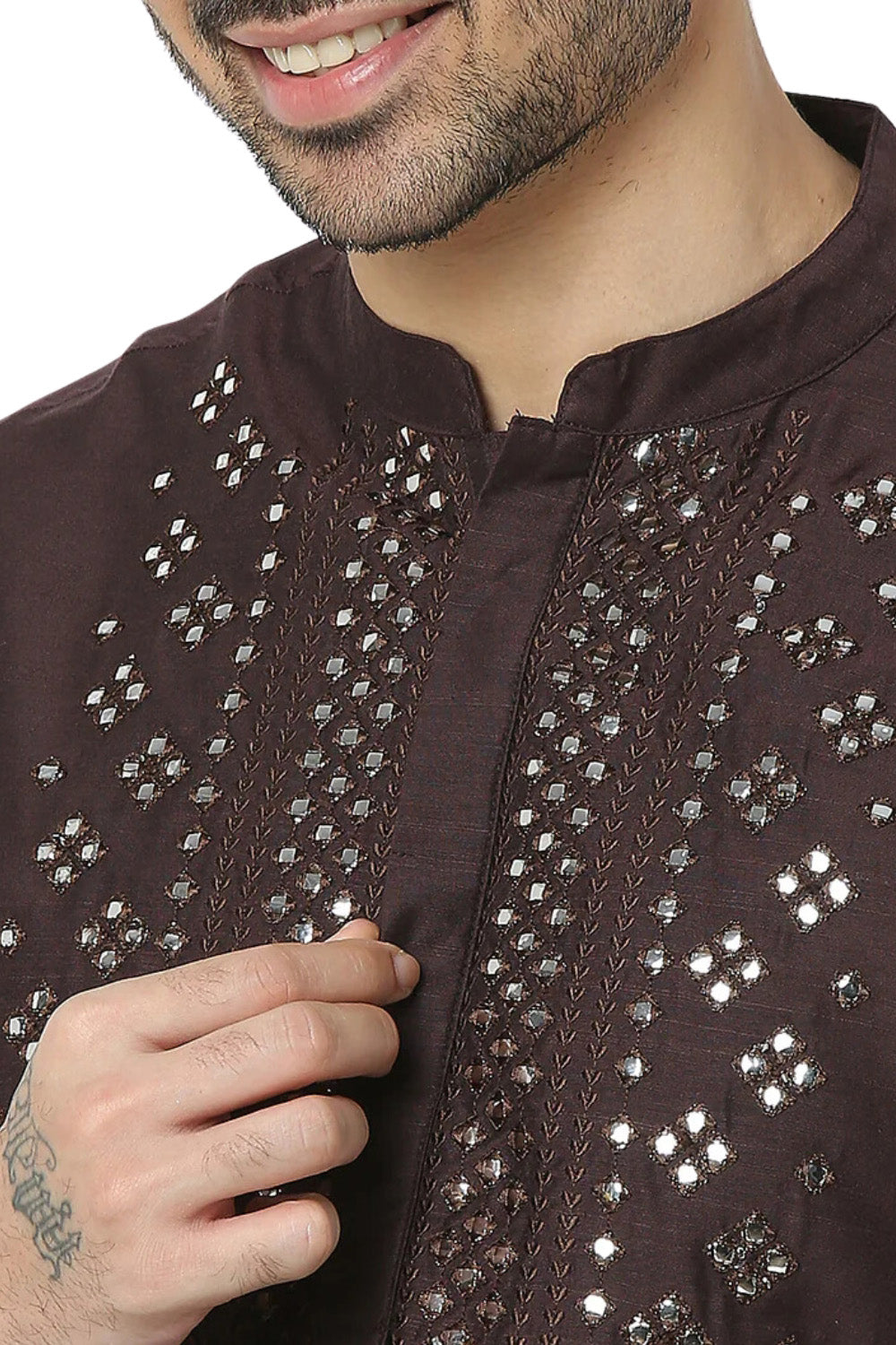 Men's brown embellished rayon knee-length kurta, back view.
