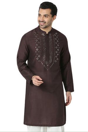 Men's brown embellished rayon knee-length kurta, front view.
