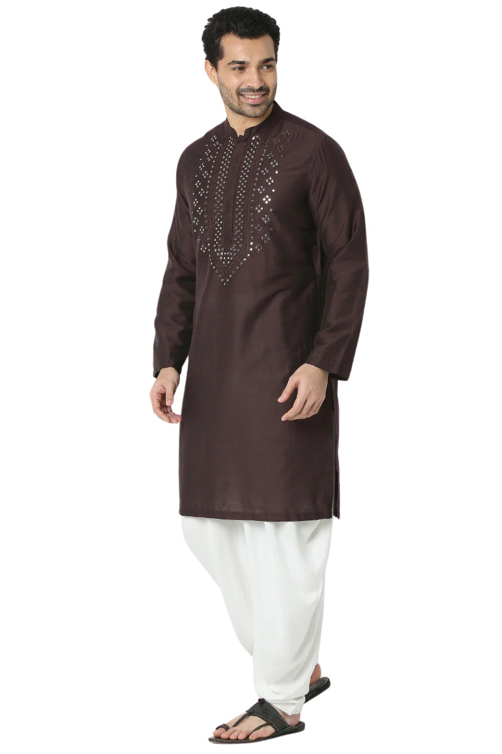 Men's brown embellished rayon knee-length kurta, side view.