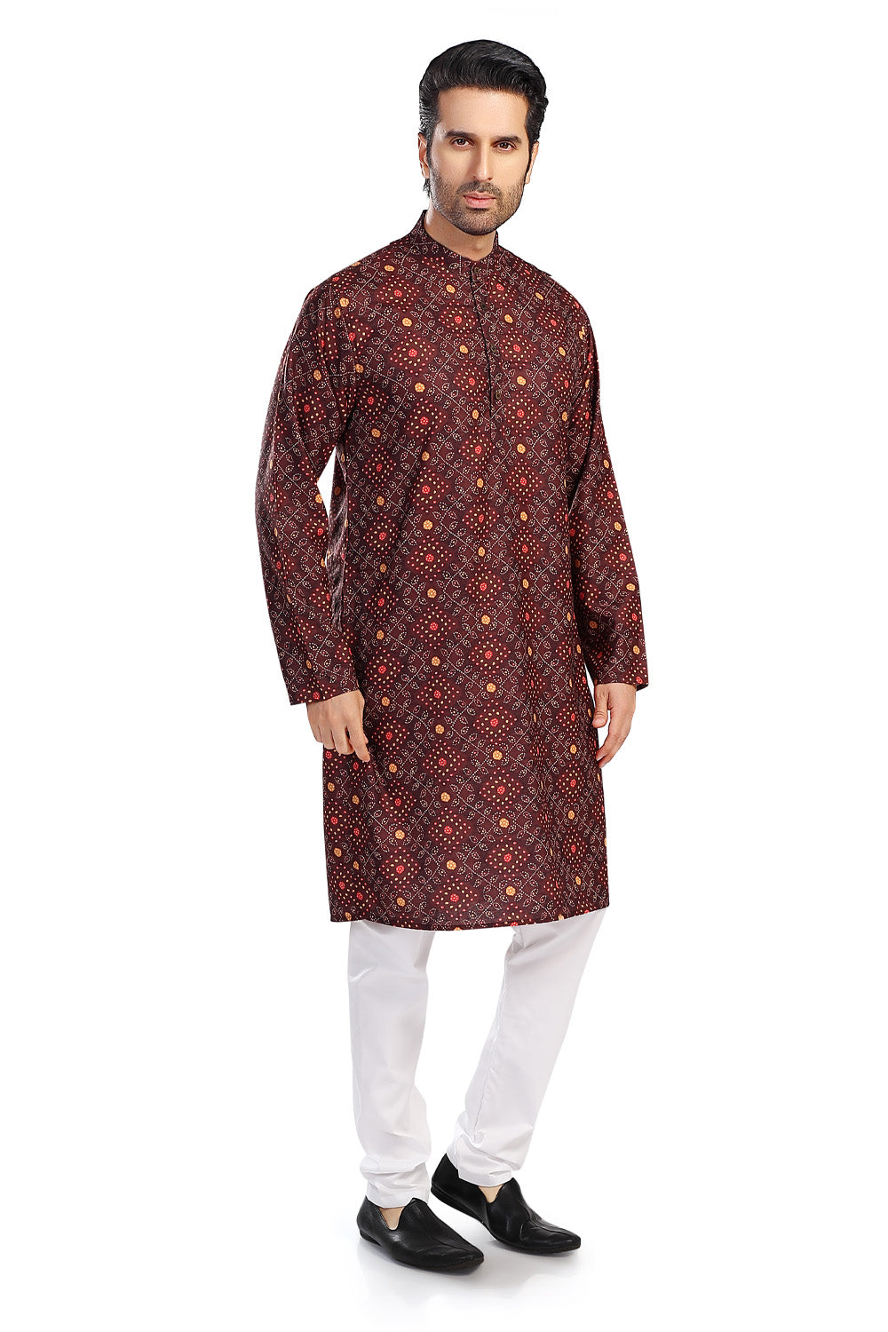 Men's brown folk-print cotton knee-length kurta, alternate front view.