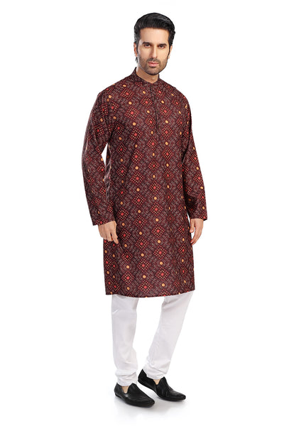 Men's brown folk-print cotton knee-length kurta, alternate front view.