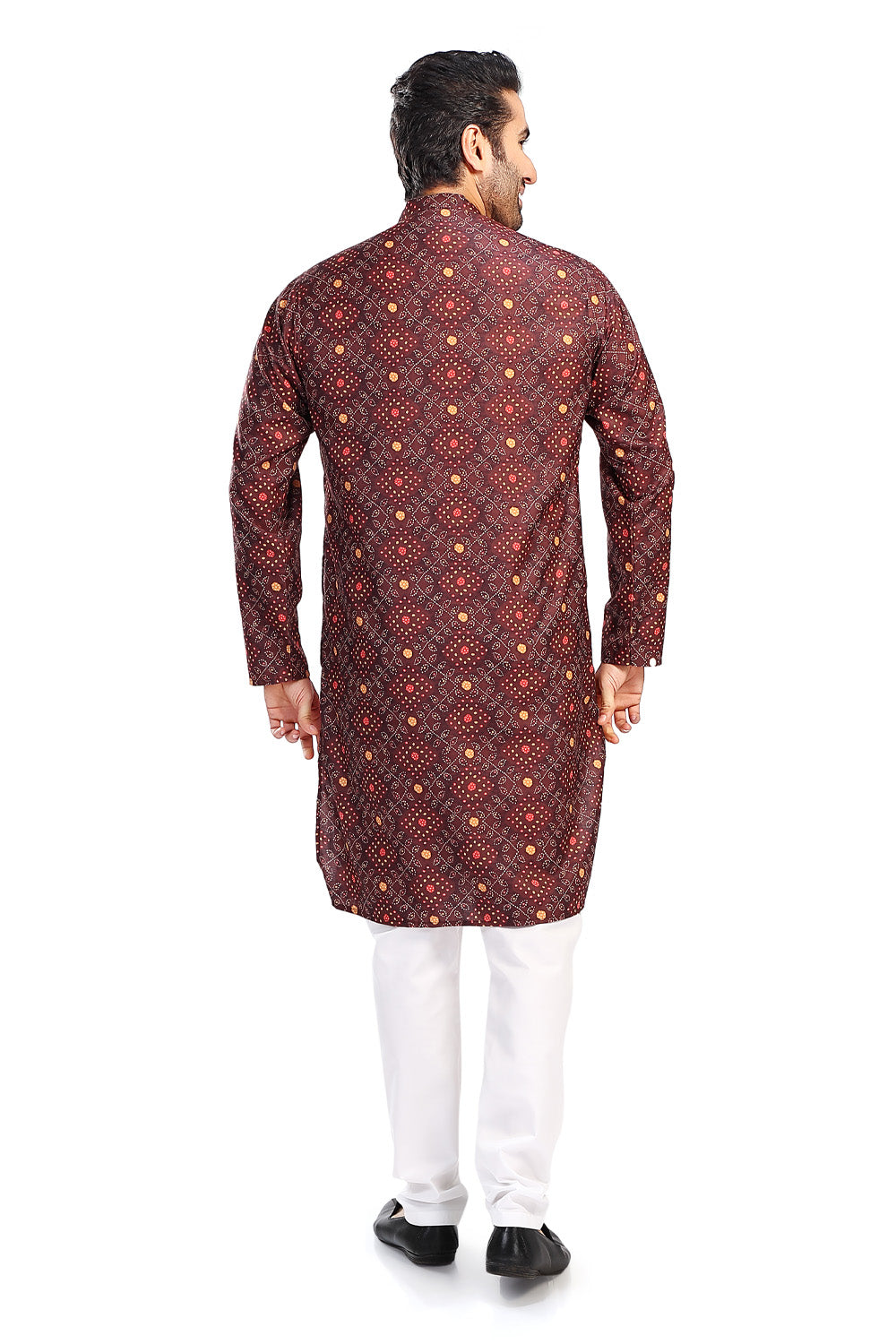 Men's brown folk-print cotton knee-length kurta, alternate side view.