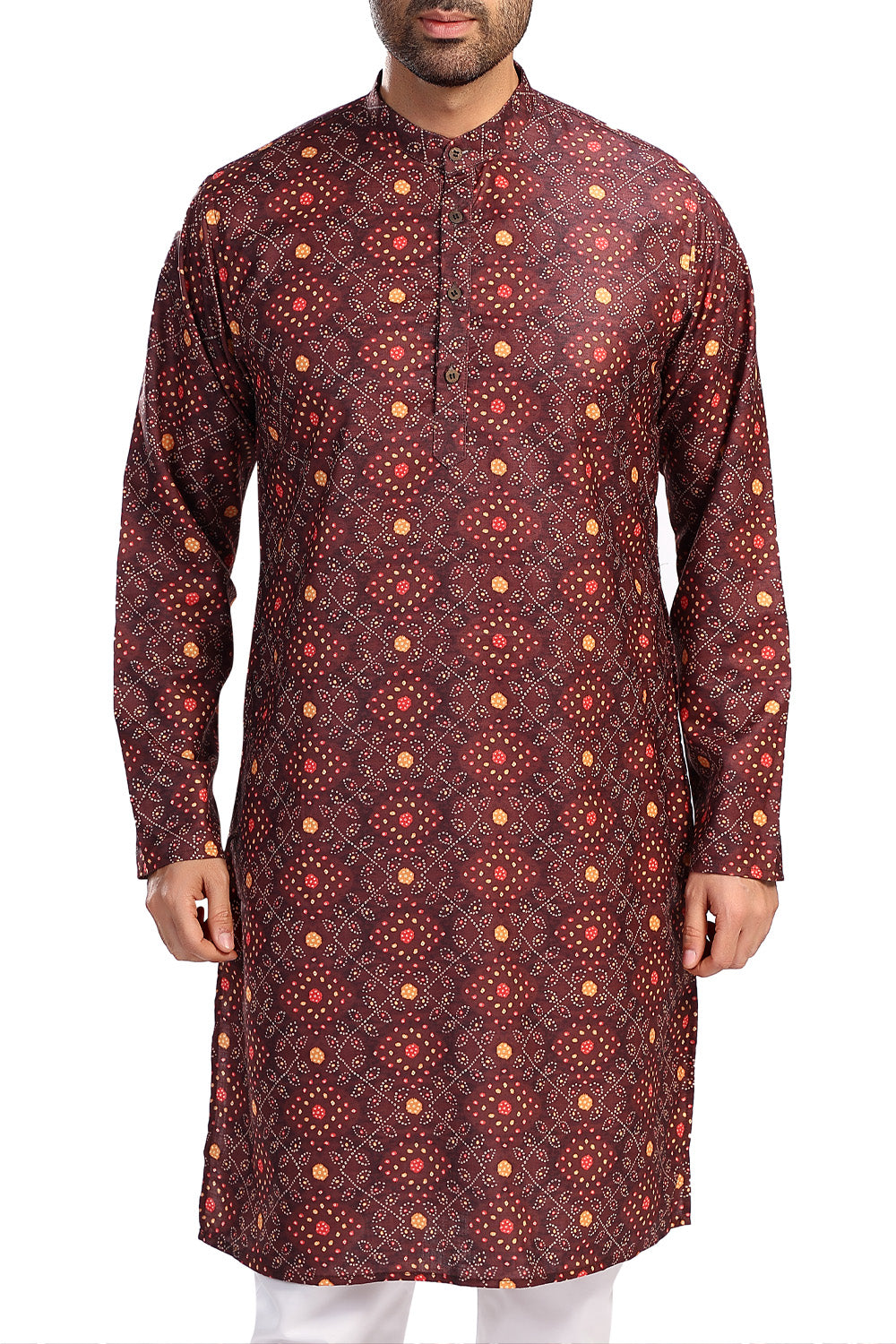 Men's brown folk-print cotton knee-length kurta, back view.