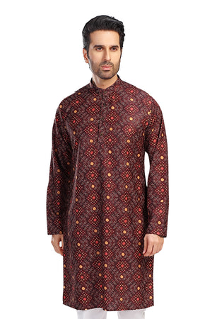 Men's brown folk-print cotton knee-length kurta, front view.
