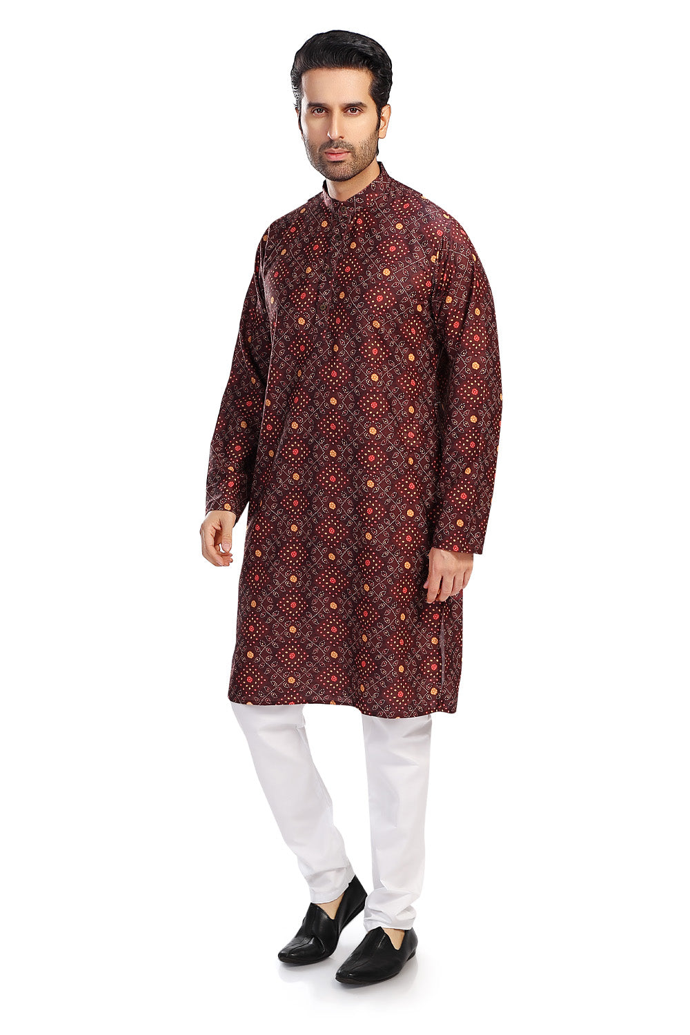 Men's brown folk-print cotton knee-length kurta, side view.