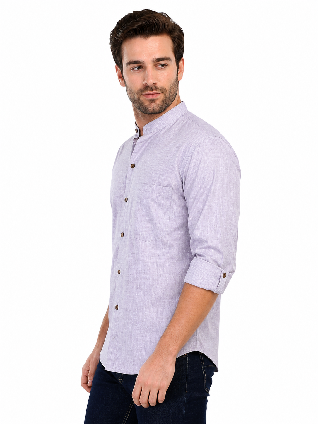 Back view of In-Sattva men's charcoal grey cotton hip-length button-down shirt