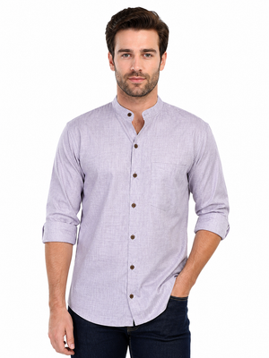 Front view of In-Sattva men's charcoal grey cotton hip-length button-down shirt