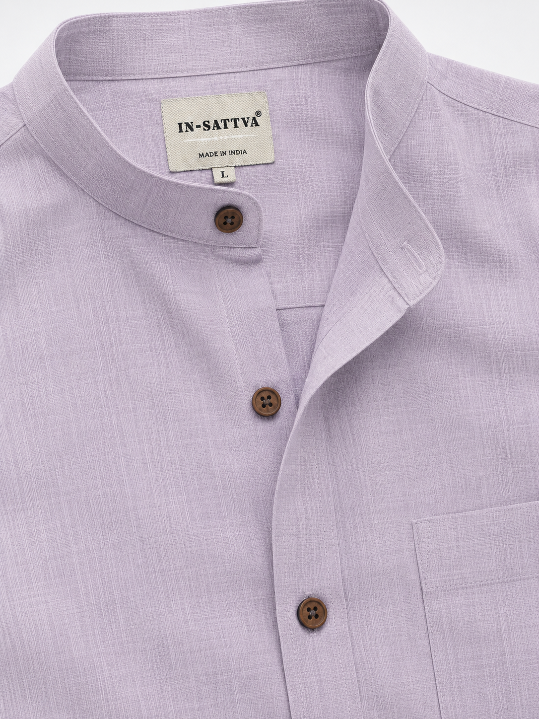 Lifestyle view of In-Sattva men's charcoal grey cotton hip-length button-down shirt