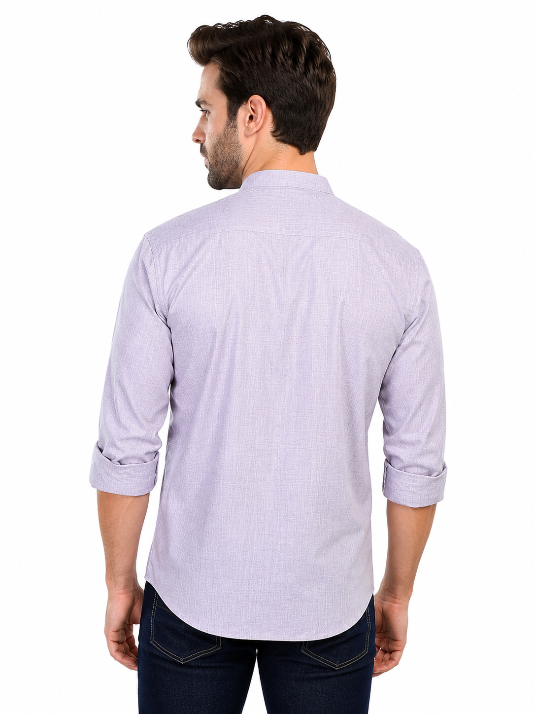 Side view of In-Sattva men's charcoal grey cotton hip-length button-down shirt