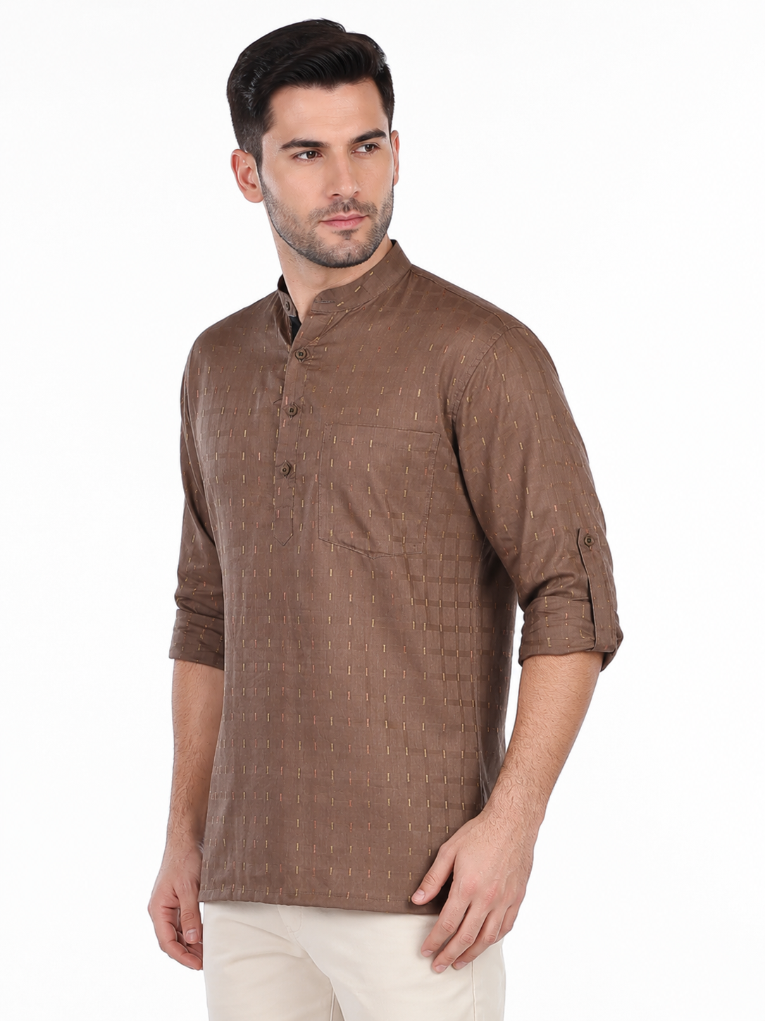 Back view of In-Sattva men's chestnut brown printed cotton hip-length kurta tunic