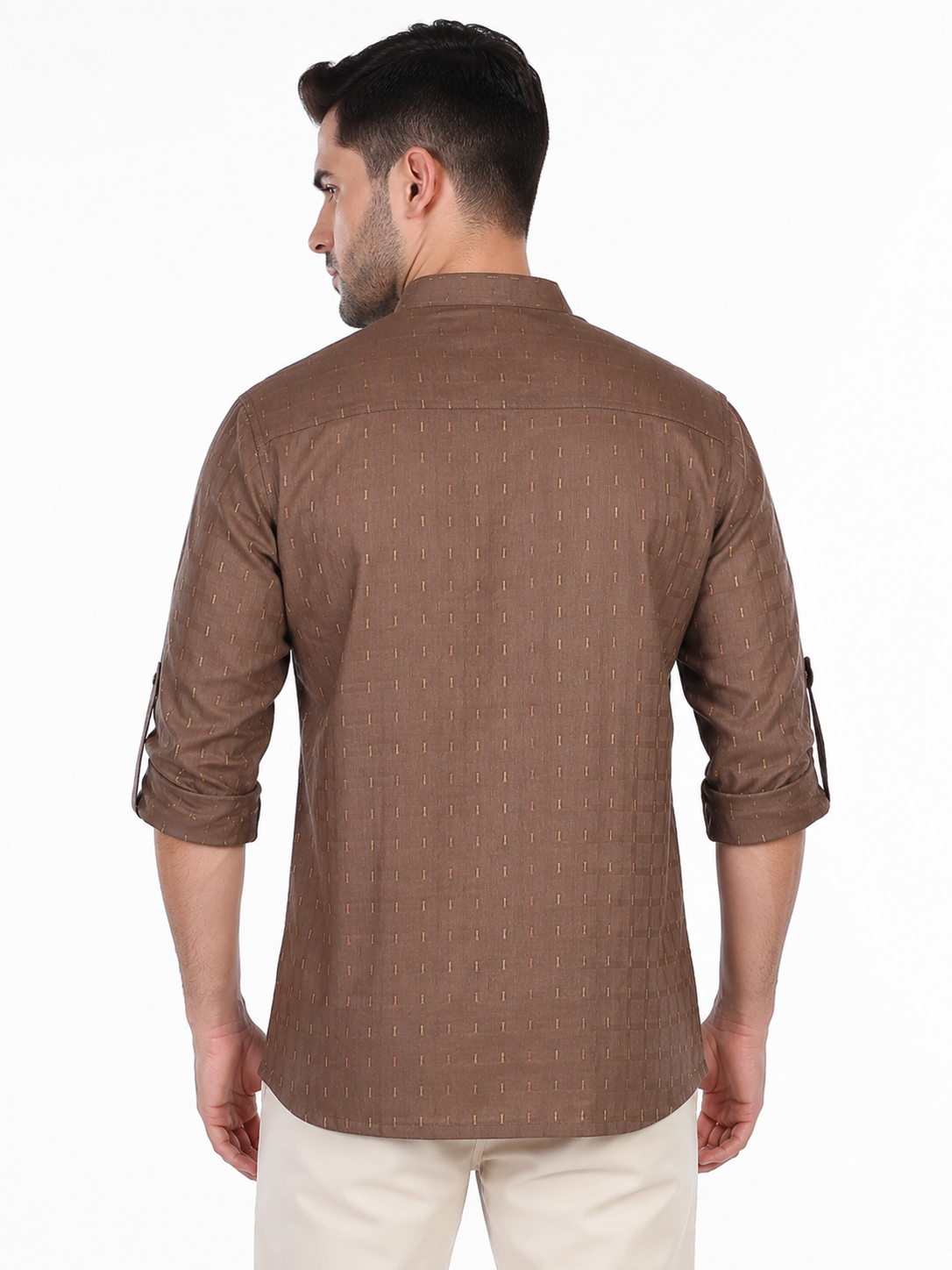 Side view of In-Sattva men's chestnut brown printed cotton hip-length kurta tunic