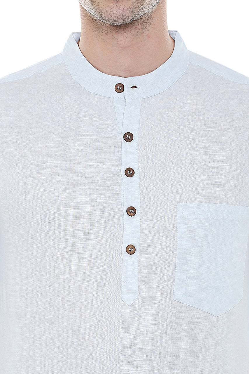 Close-up detail of In-Sattva men's pure cotton band-collar hip-length kurta tunic