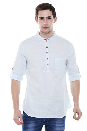 Front view of In-Sattva men's pure cotton band-collar hip-length kurta tunic