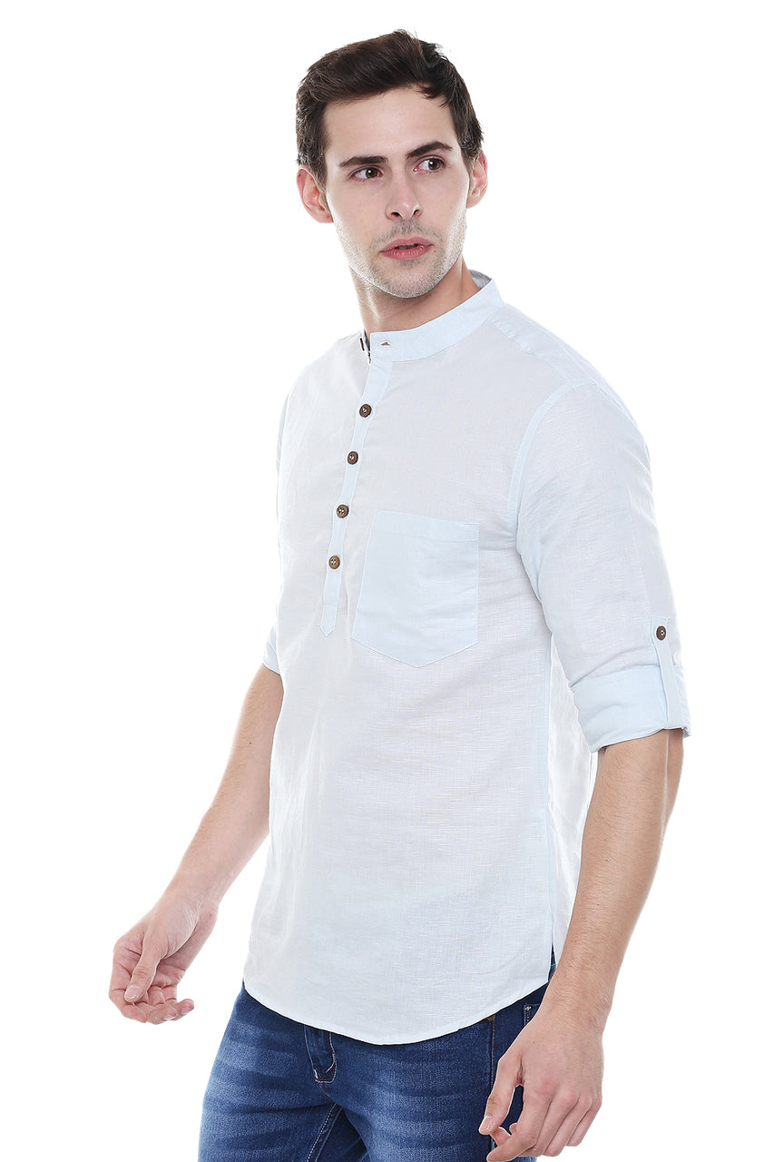 Side view of In-Sattva men's pure cotton band-collar hip-length kurta tunic