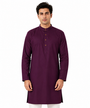 Men's cotton band collar knee-length kurta, front view.