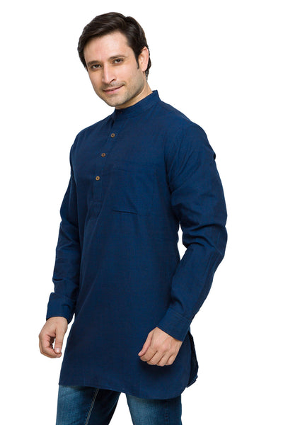 Men's cotton band collar knee-length kurta style 2, alternate front view.