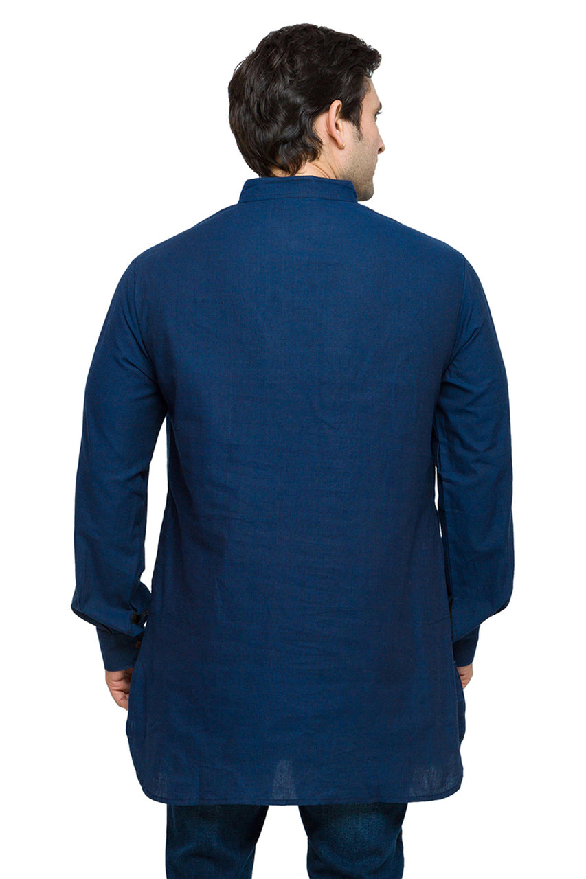 Men's cotton band collar knee-length kurta style 2, alternate side view.