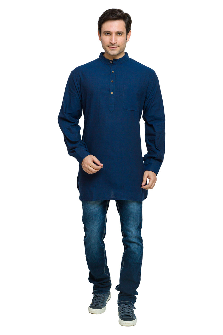 Men's cotton band collar knee-length kurta style 2, close-up detail.