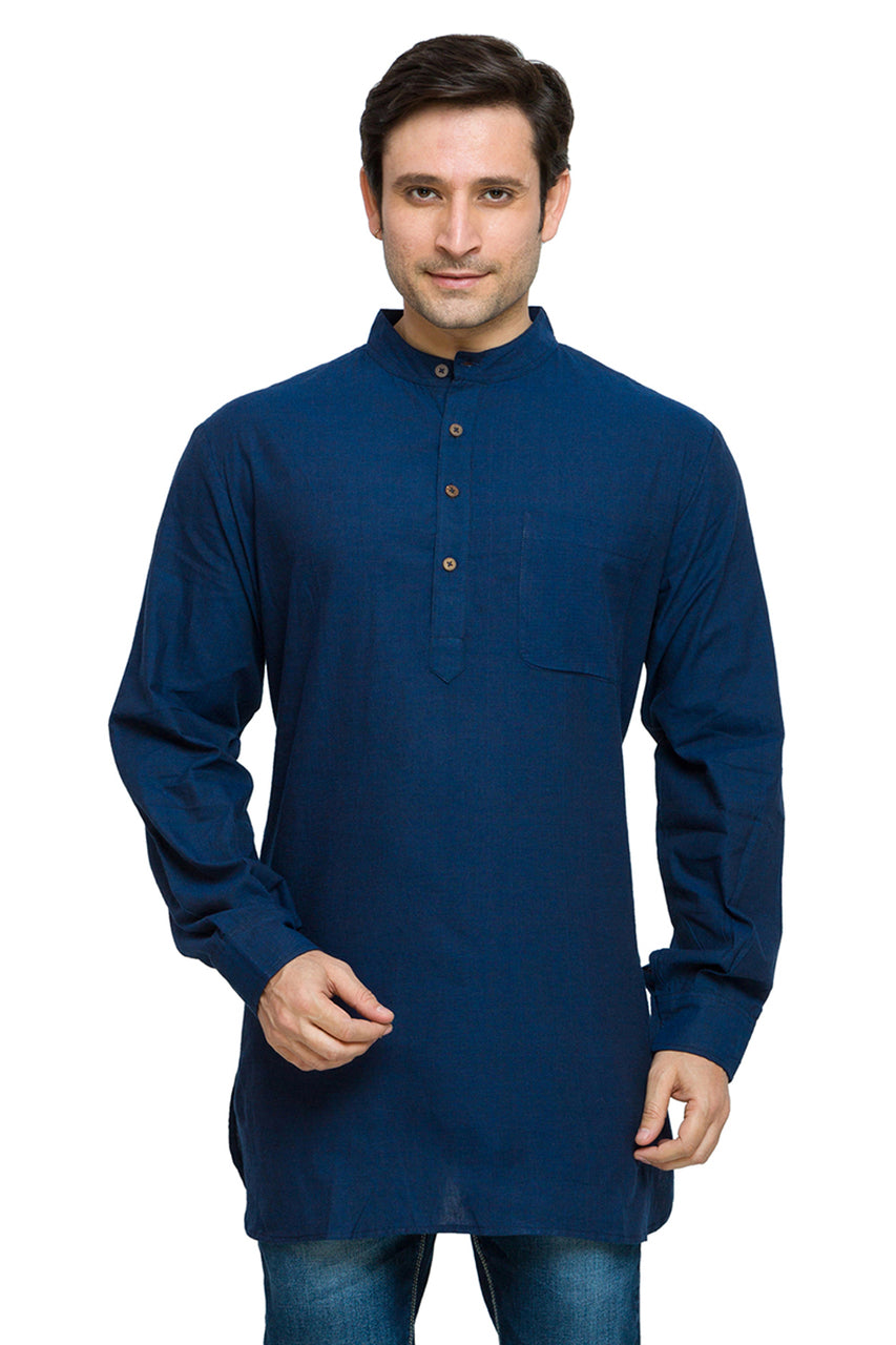 Men's cotton band collar knee-length kurta style 2, front view.