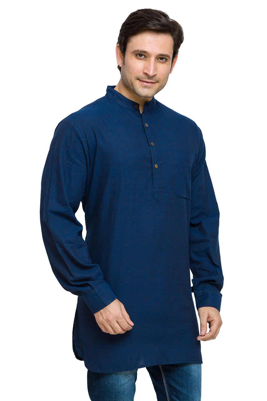 Men's cotton band collar knee-length kurta style 2, side view.