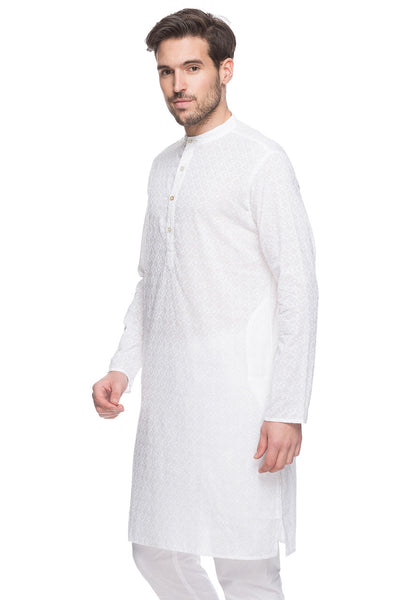 Men's cotton band collar knee-length kurta style 3, alternate front view.