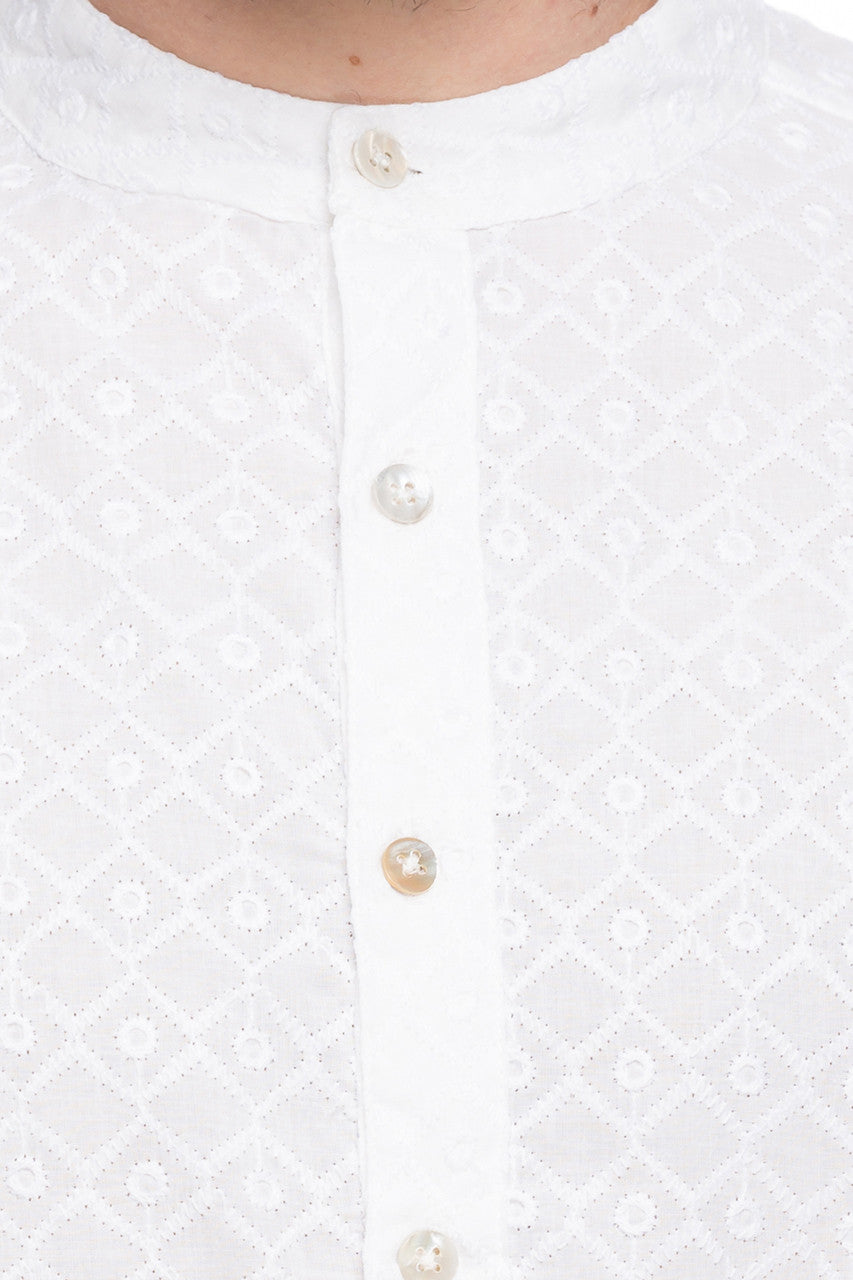 Men's cotton band collar knee-length kurta style 3, back view.