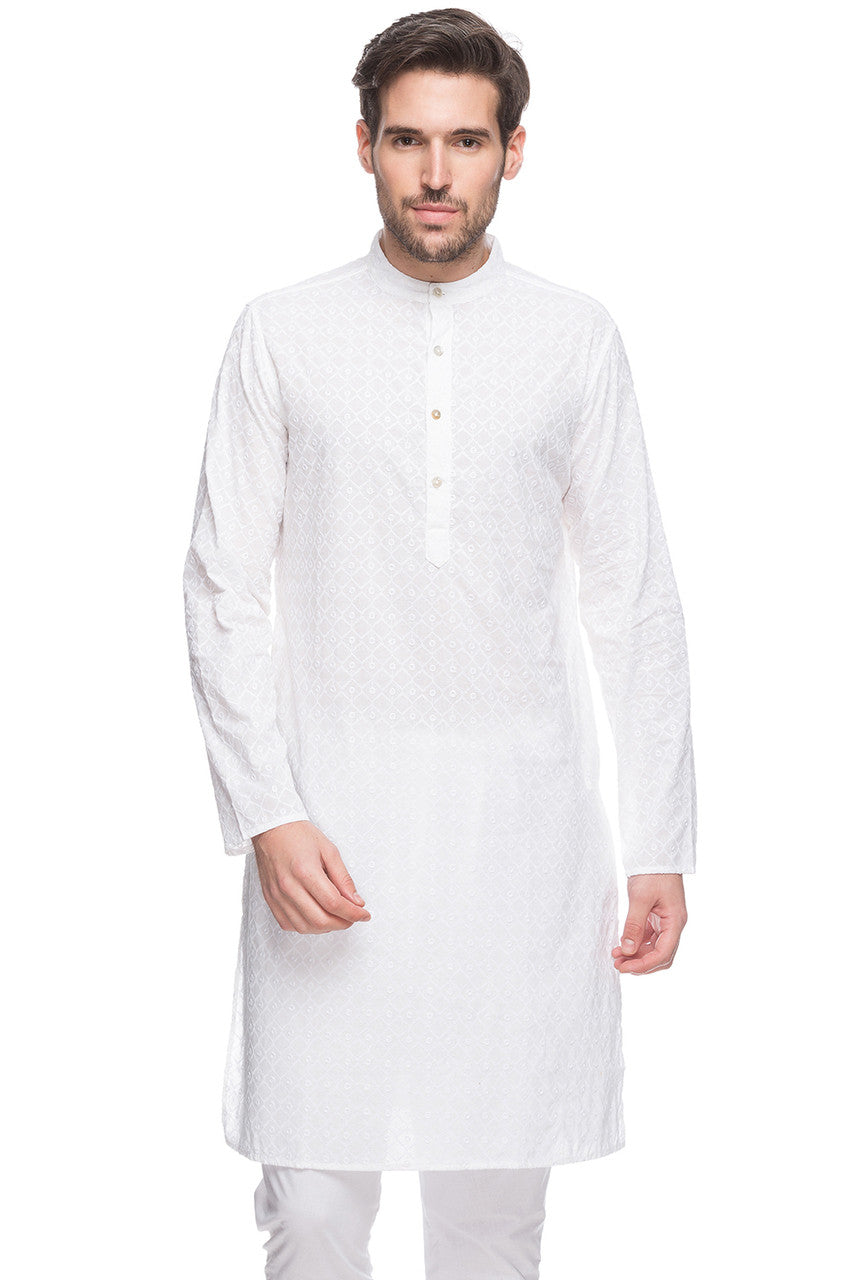 Men's cotton band collar knee-length kurta style 3, front view.