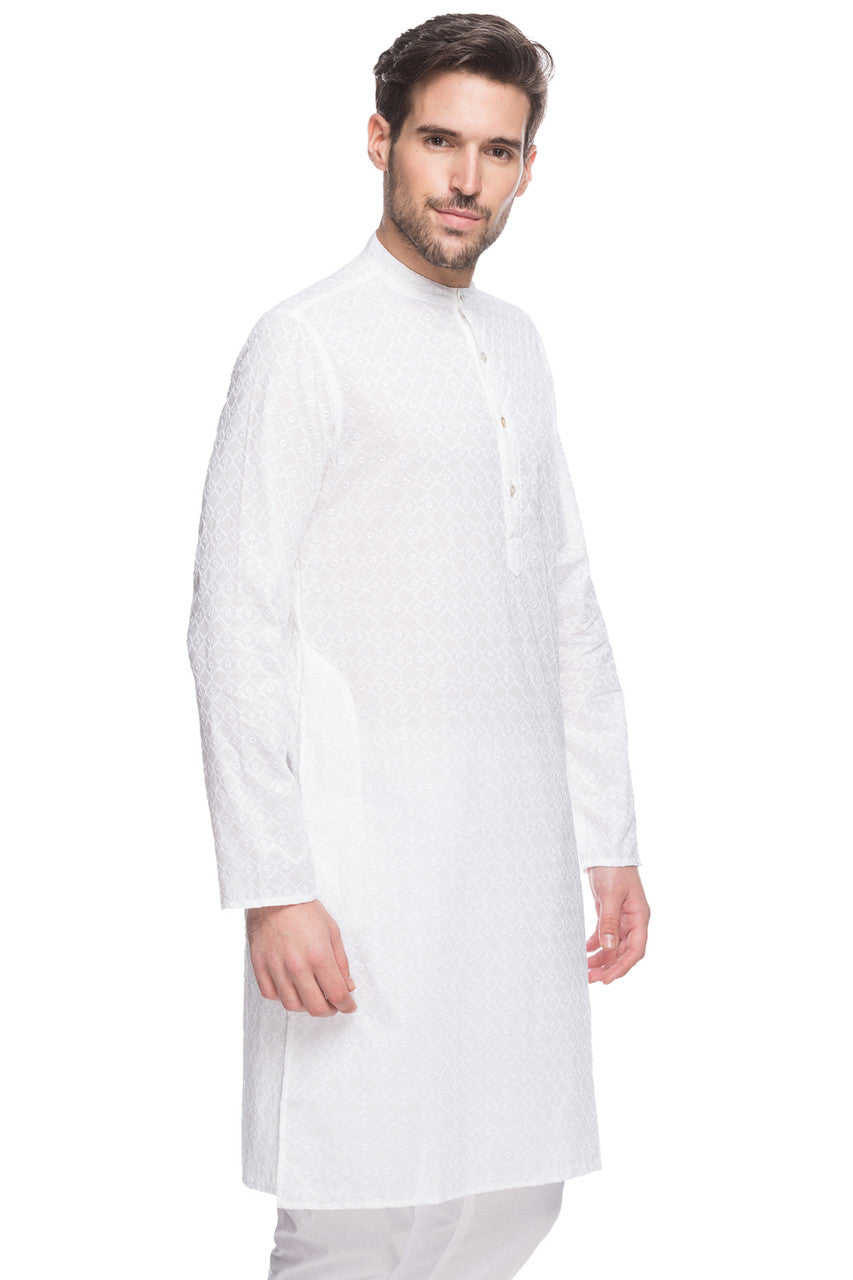 Men's cotton band collar knee-length kurta style 3, side view.