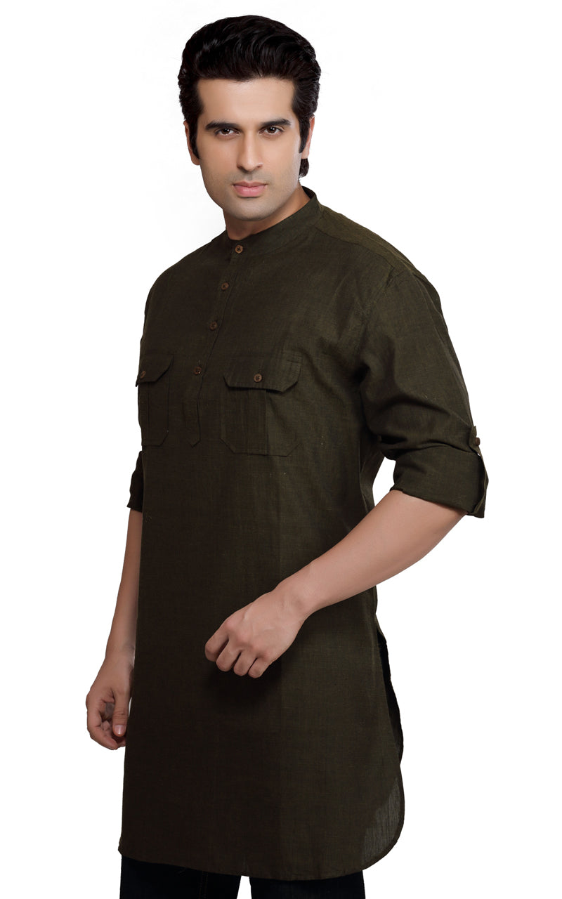 Men's cotton band collar knee-length kurta style 4, alternate front view.