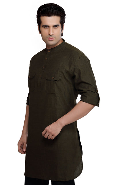 Men's cotton band collar knee-length kurta style 4, alternate front view.