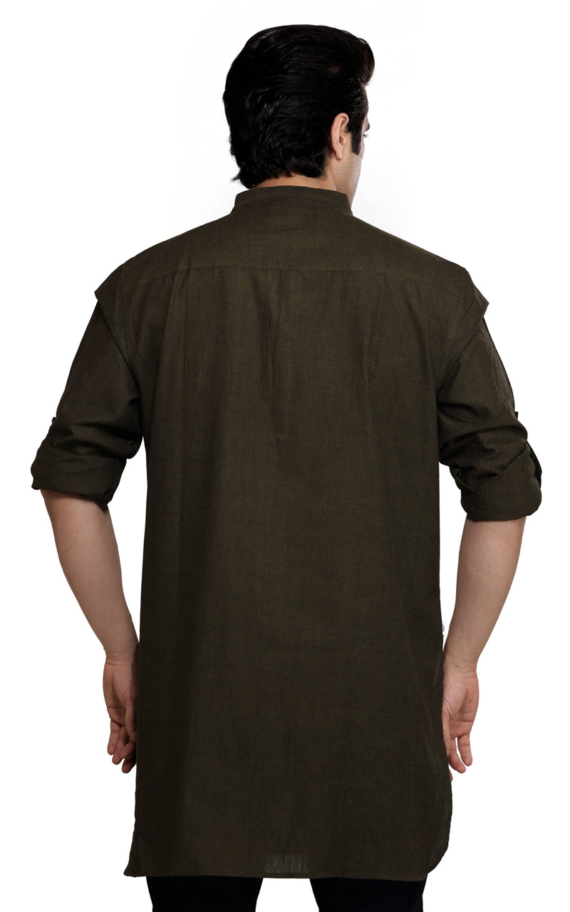 Men's cotton band collar knee-length kurta style 4, alternate side view.