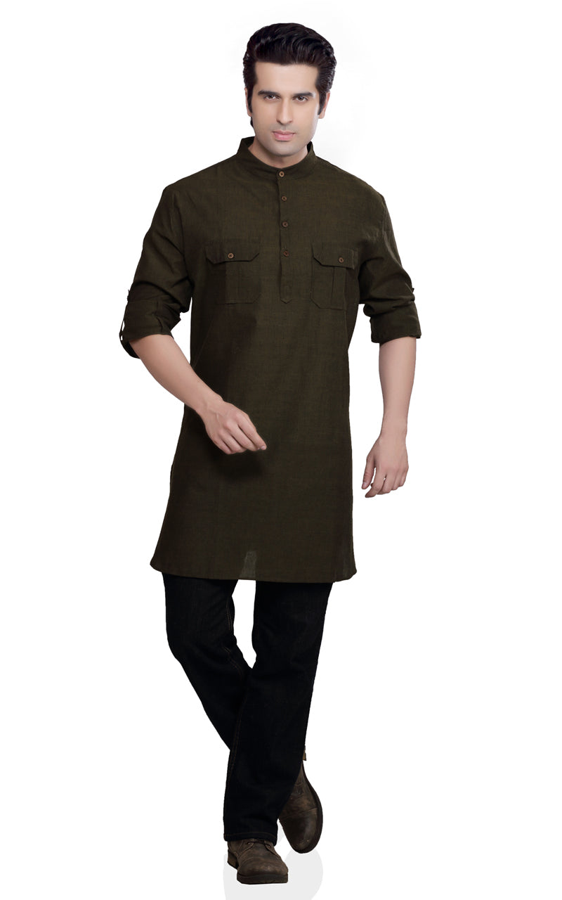 Men's cotton band collar knee-length kurta style 4, close-up detail.
