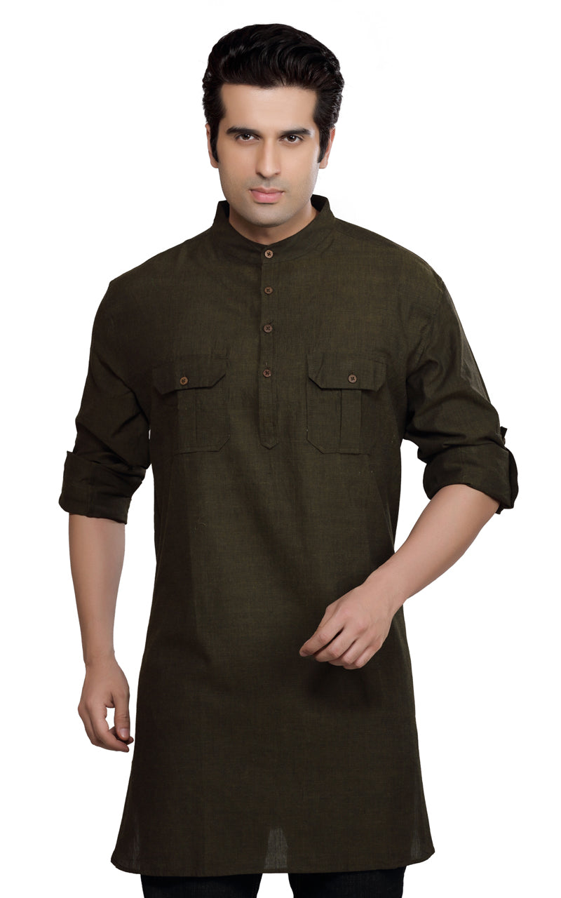 Men's cotton band collar knee-length kurta style 4, front view.
