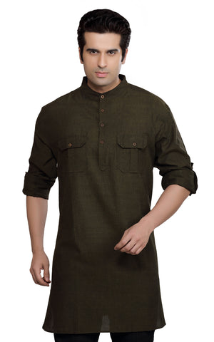 Men's cotton band collar knee-length kurta style 4, front view.