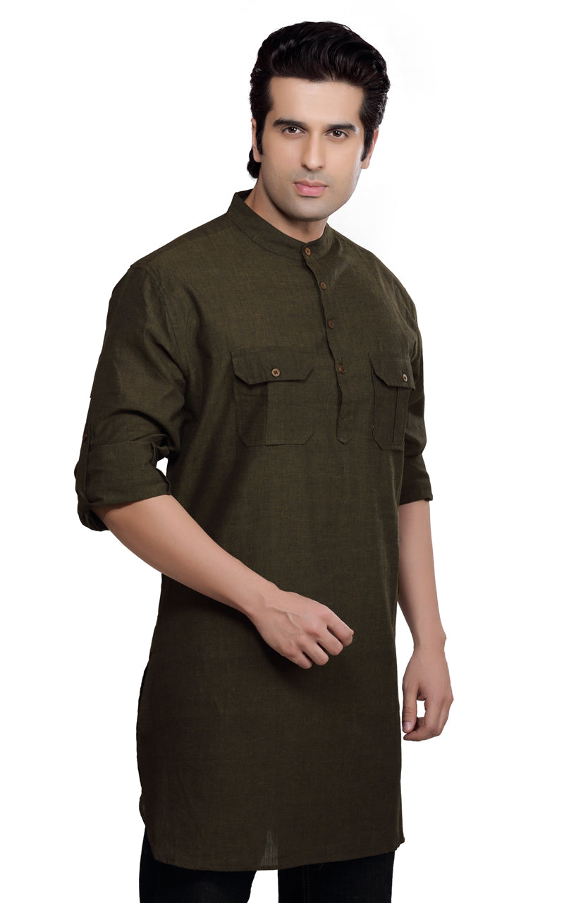 Men's cotton band collar knee-length kurta style 4, side view.