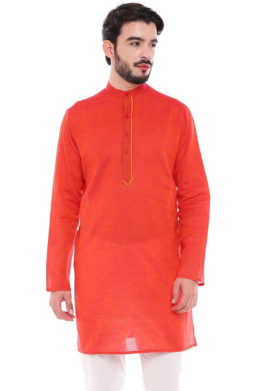 Men's cotton knee-length kurta, alternate front view.