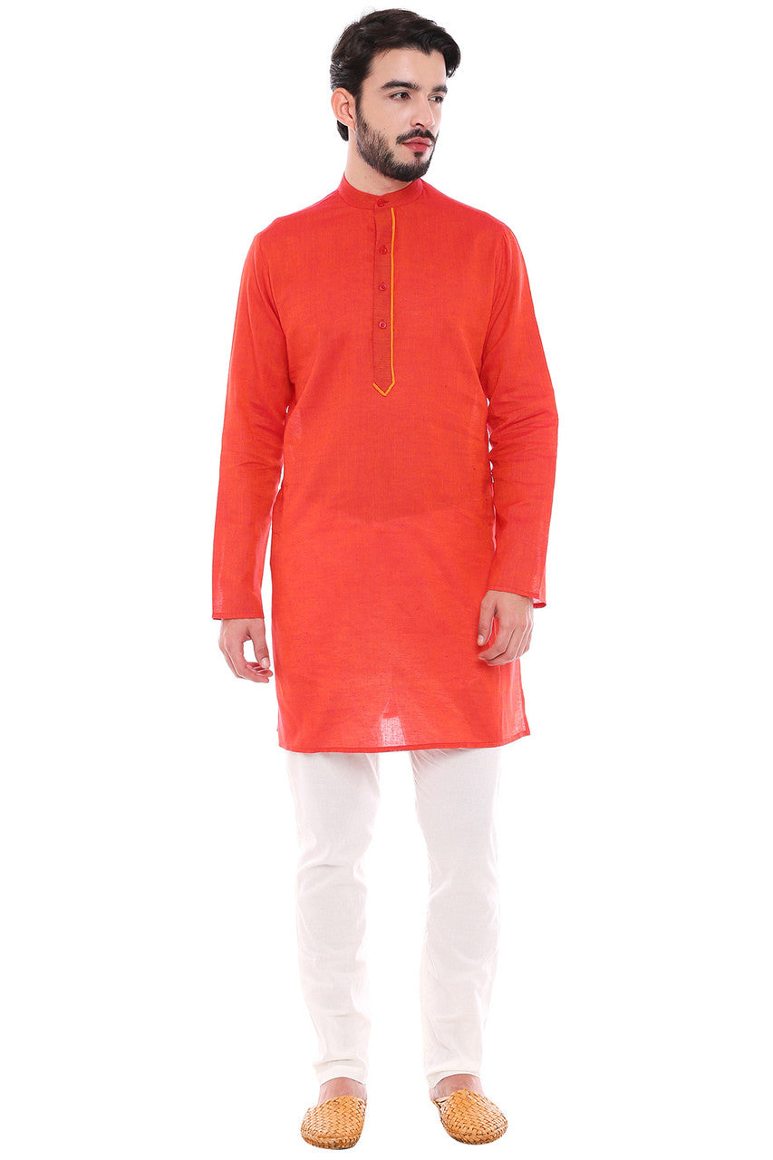 Men's cotton knee-length kurta, front view.