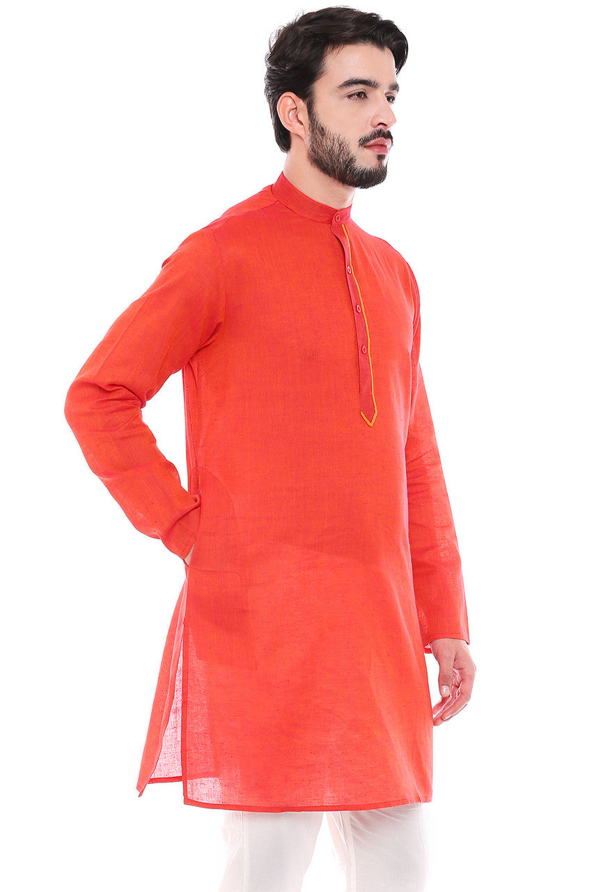 Men's cotton knee-length kurta, side view.