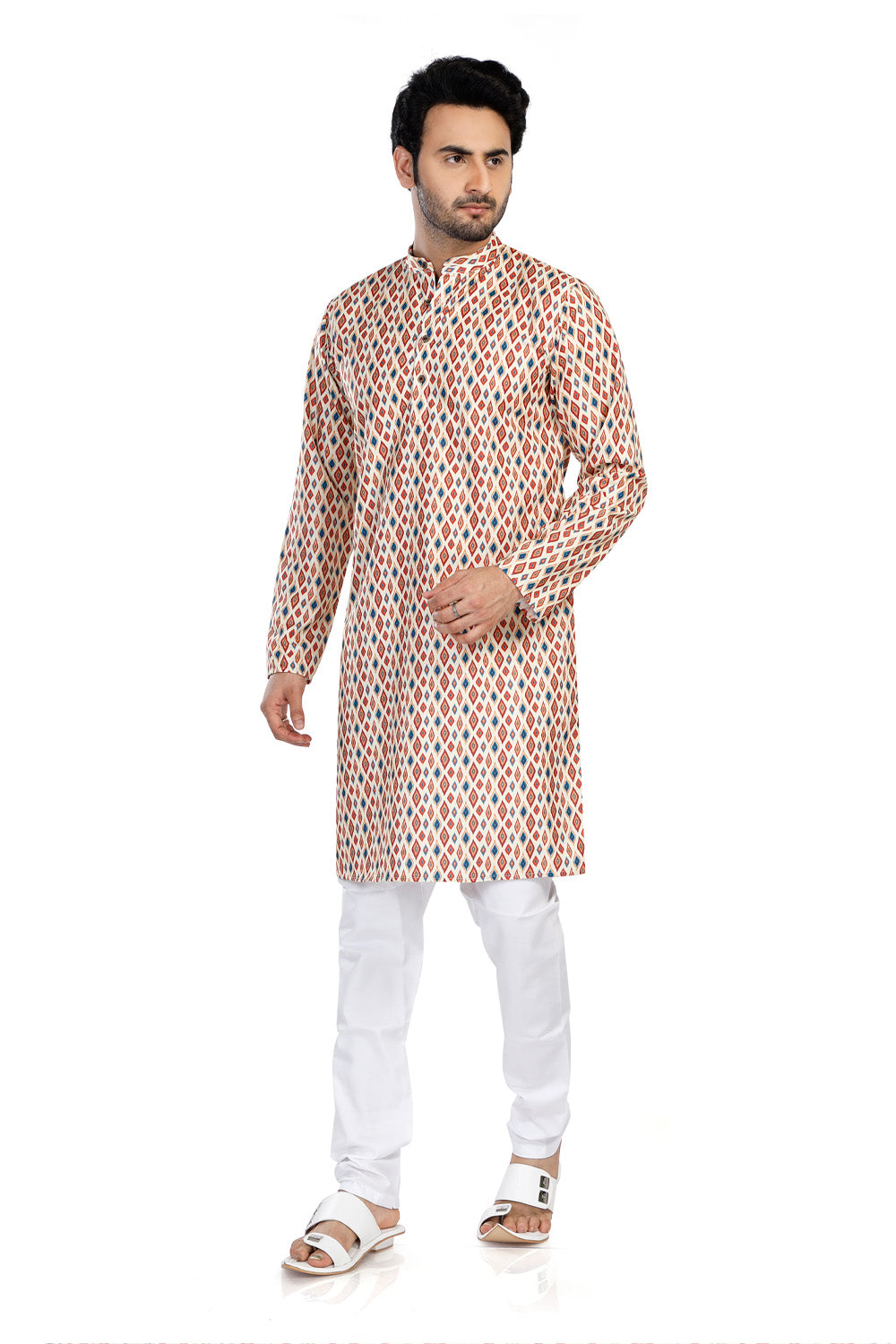 Men's cream folk-print cotton knee-length kurta, alternate front view.