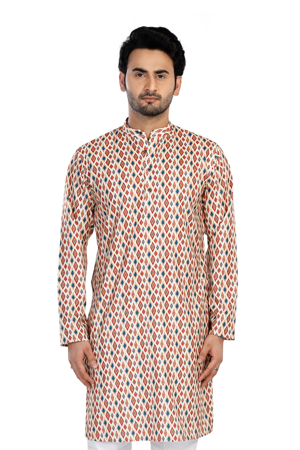 Men's cream folk-print cotton knee-length kurta, front view.
