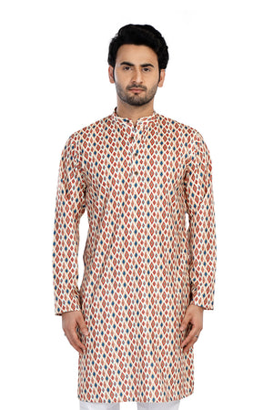 Men's cream folk-print cotton knee-length kurta, front view.