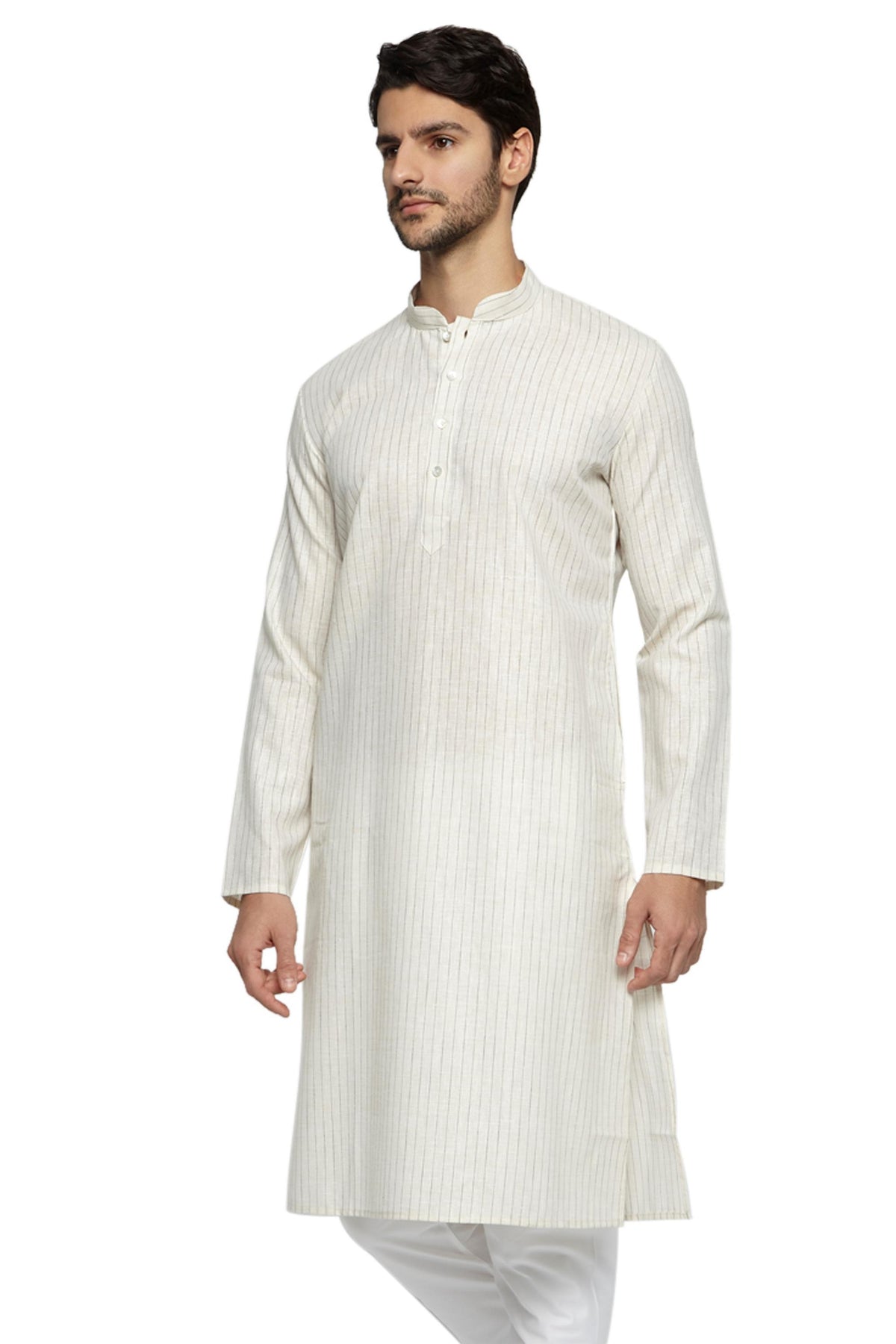 Men's cream pin-stripe cotton knee-length kurta, alternate front view.