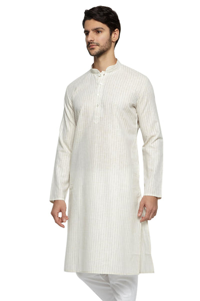 Men's cream pin-stripe cotton knee-length kurta, alternate front view.