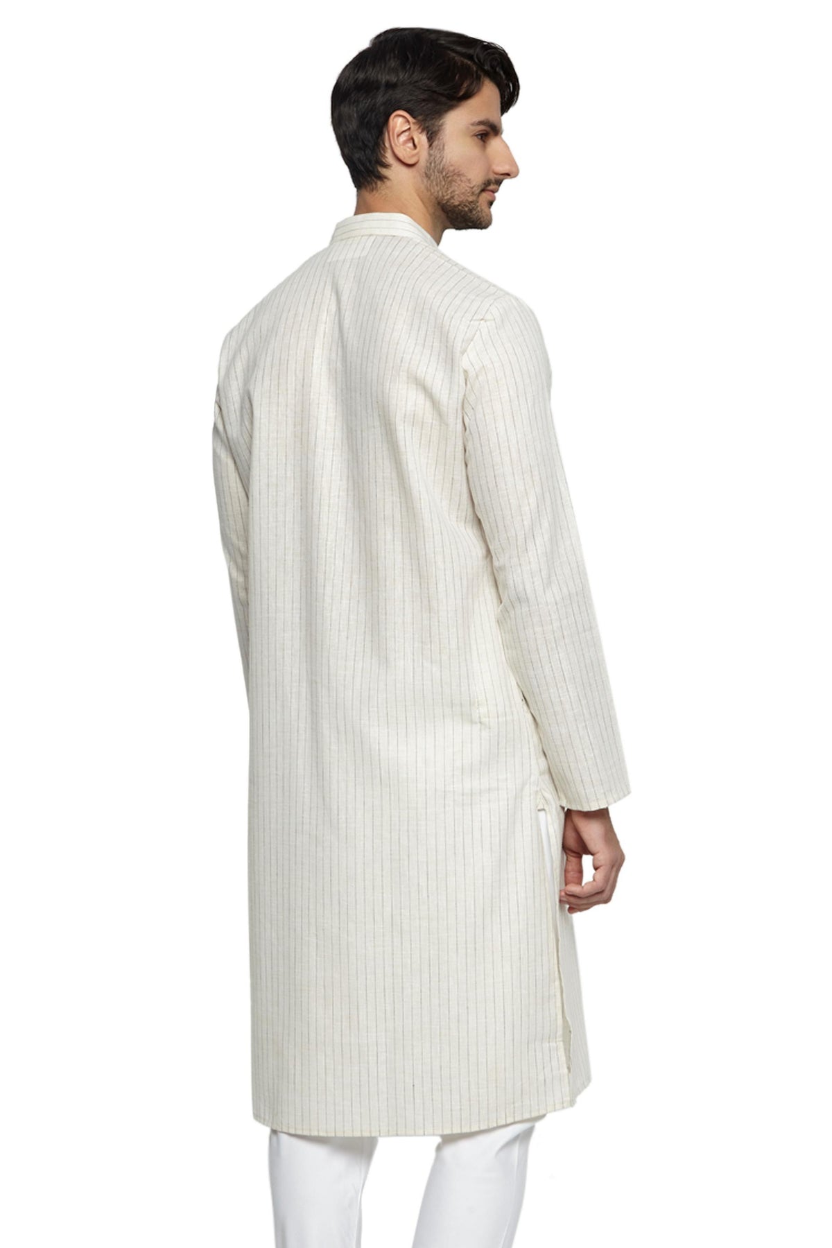 Men's cream pin-stripe cotton knee-length kurta, alternate side view.