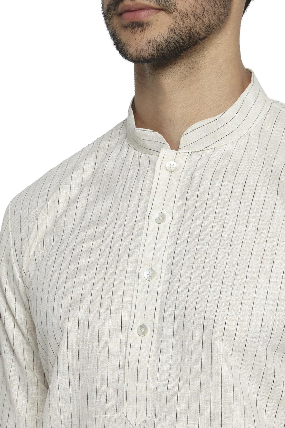 Men's cream pin-stripe cotton knee-length kurta, back view.