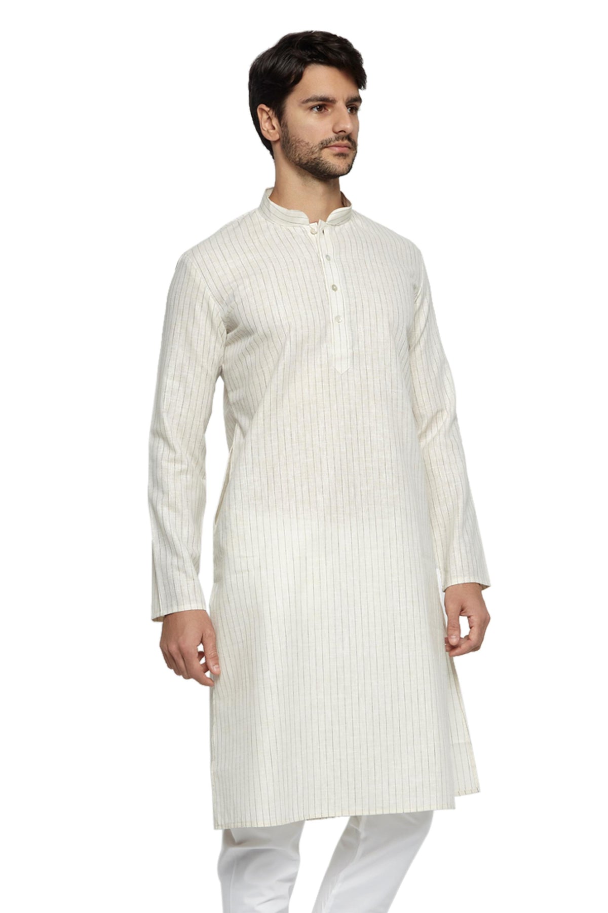 Men's cream pin-stripe cotton knee-length kurta, front view.