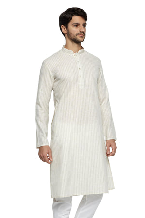 Men's cream pin-stripe cotton knee-length kurta, front view.